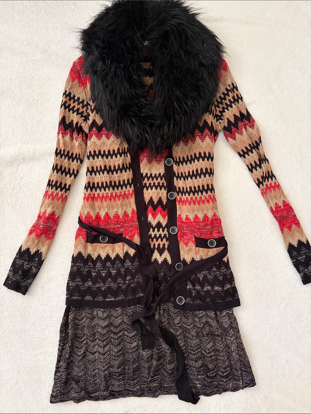Boston Proper Zig Zag Sleeveless Knit Dress & Matching Fur Collar Sweater Jacket